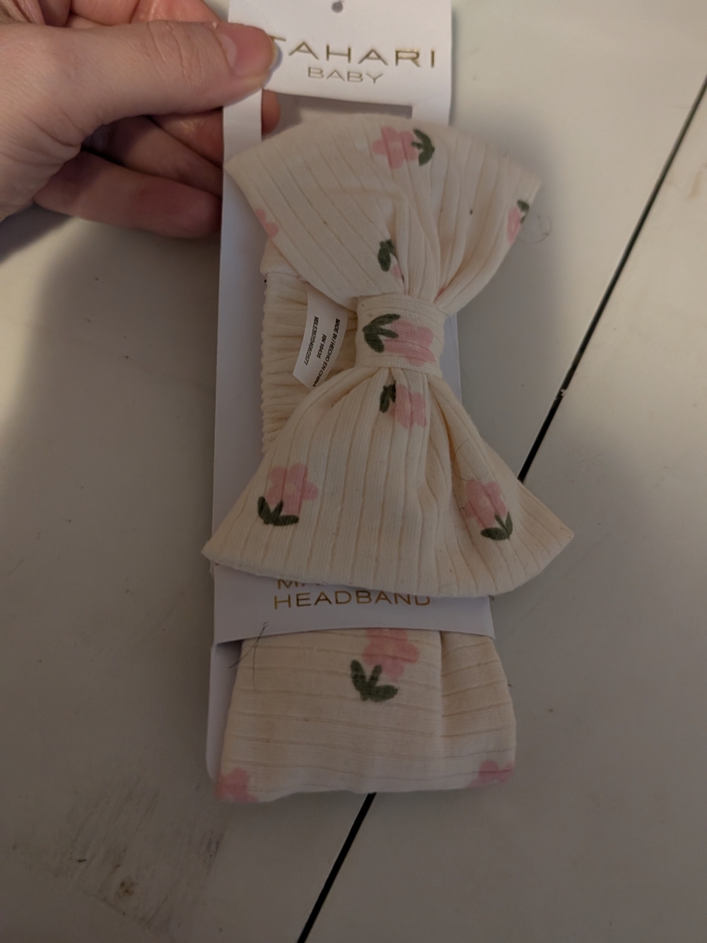 Tahari Baby Cream Ribbed Bow Headband with Pink Floral Print